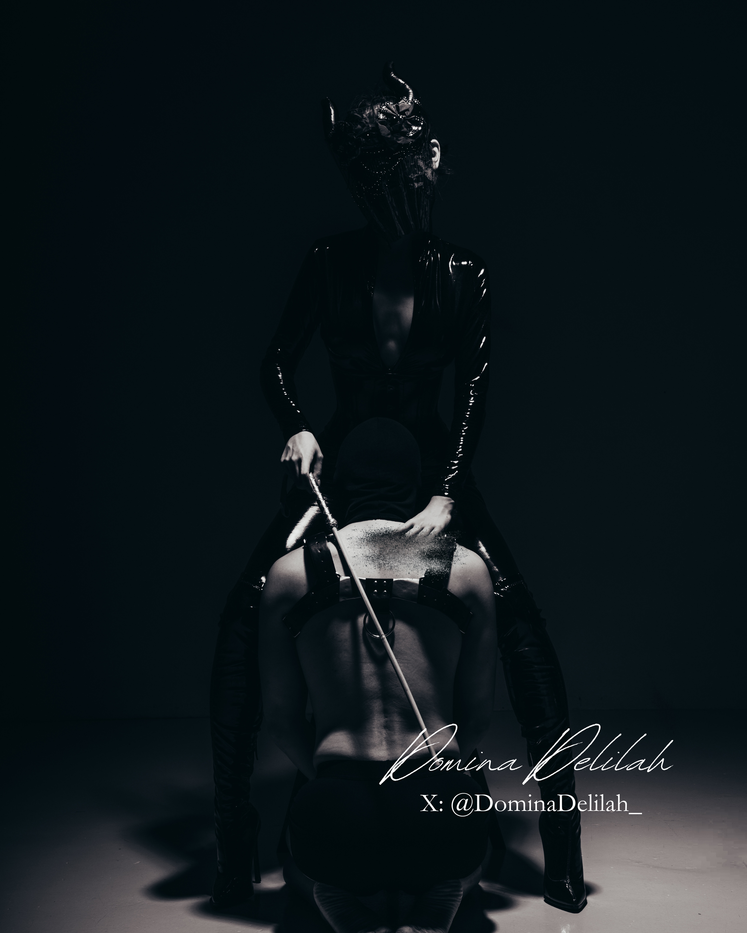 Dark, high-contrast photo of a person in a sleek black latex outfit with a headpiece, standing over another person with a mask, who is kneeling. The standing person holds a whip. Text on the image reads "Domina Delilah" and her Instagram handle."}