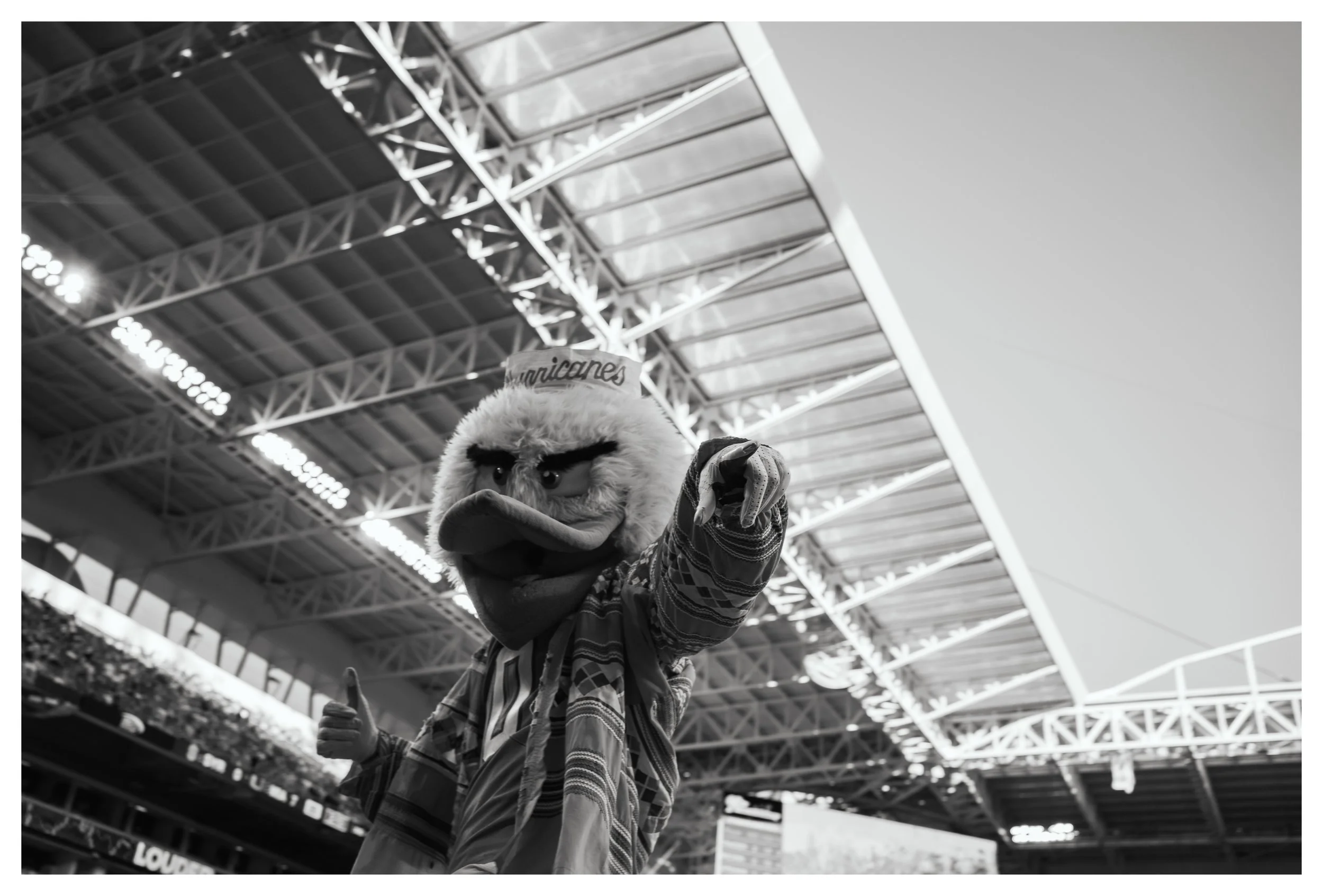 A football stadium filled with fans, with a person in a hurricane mascot costume pointing towards the camera.