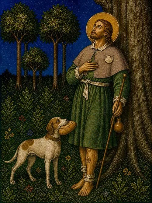 St. Roch stands in pilgrim garb, holding a staff and gourd, as a hound carrying a loaf of bread looks up at him beside a tree.