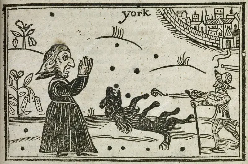 Woodcut: a woman in a peaked hood raises both hands beside a dog collapsing as a man aims a long gun at it; "york" and a walled town appear upper right, dots scattered like stars.