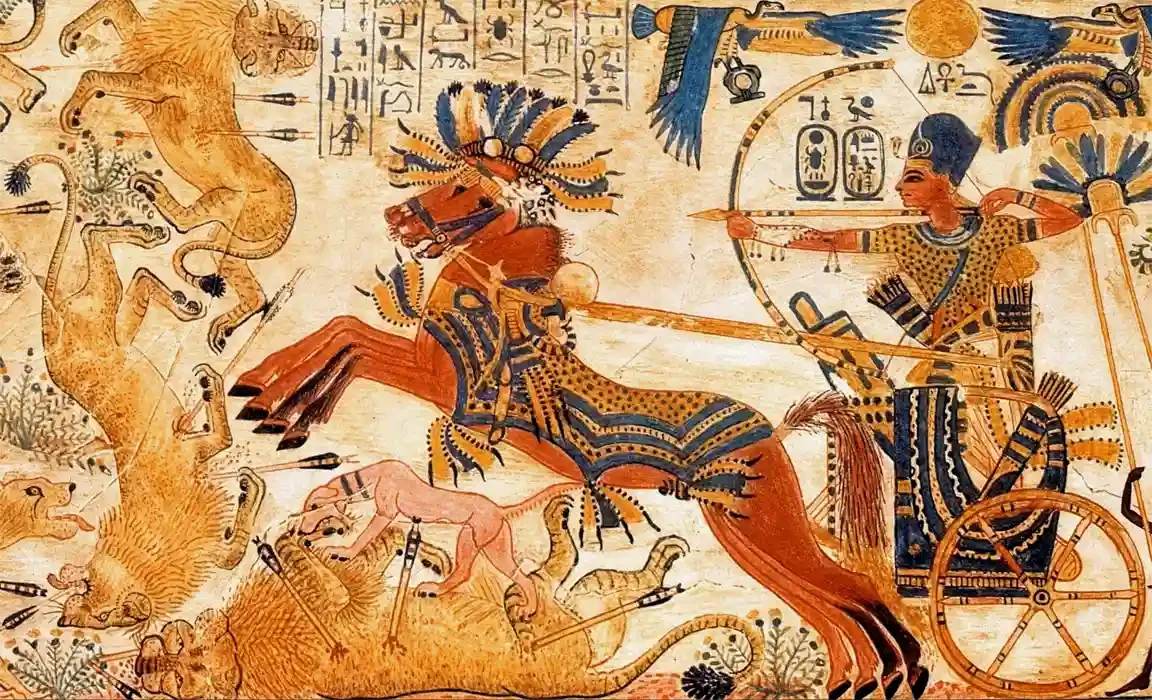 Ancient Egyptian wall painting showing a chariot hunt with horses, wild animals, and hieroglyphs.