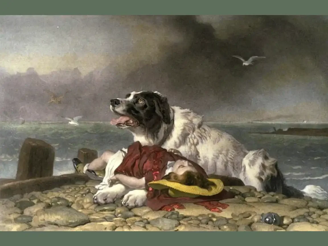 Large rescue dog guards an unconscious child on a rocky shore as waves crash and storm clouds gather in a dramatic seaside painting.