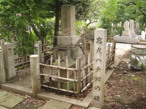Hachikō’s memorial grave marked by a stone monument in a quiet cemetery.