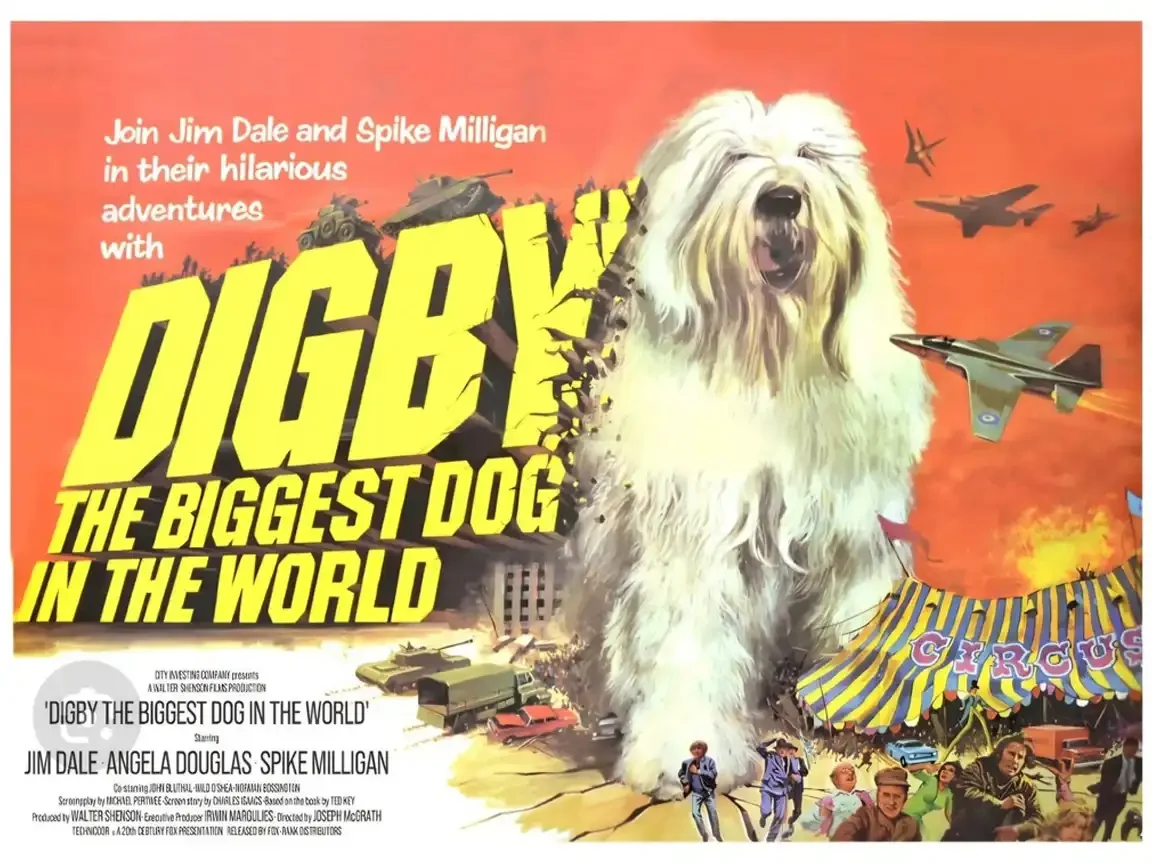 Alternate “Digby The Biggest Dog in the World” poster with giant sheepdog amid tanks, jets, circus tent, and dramatic orange sky.