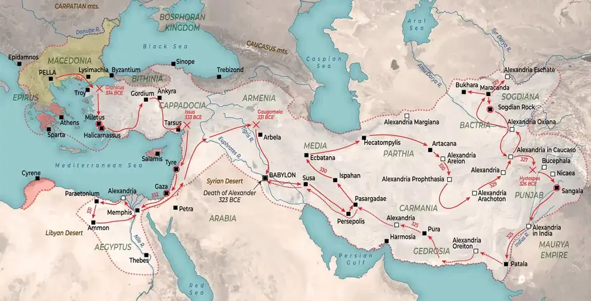 Map of Alexander the Great's military campaigns showing his route from Macedonia through Persia, Central Asia, and into the Punjab region of India.