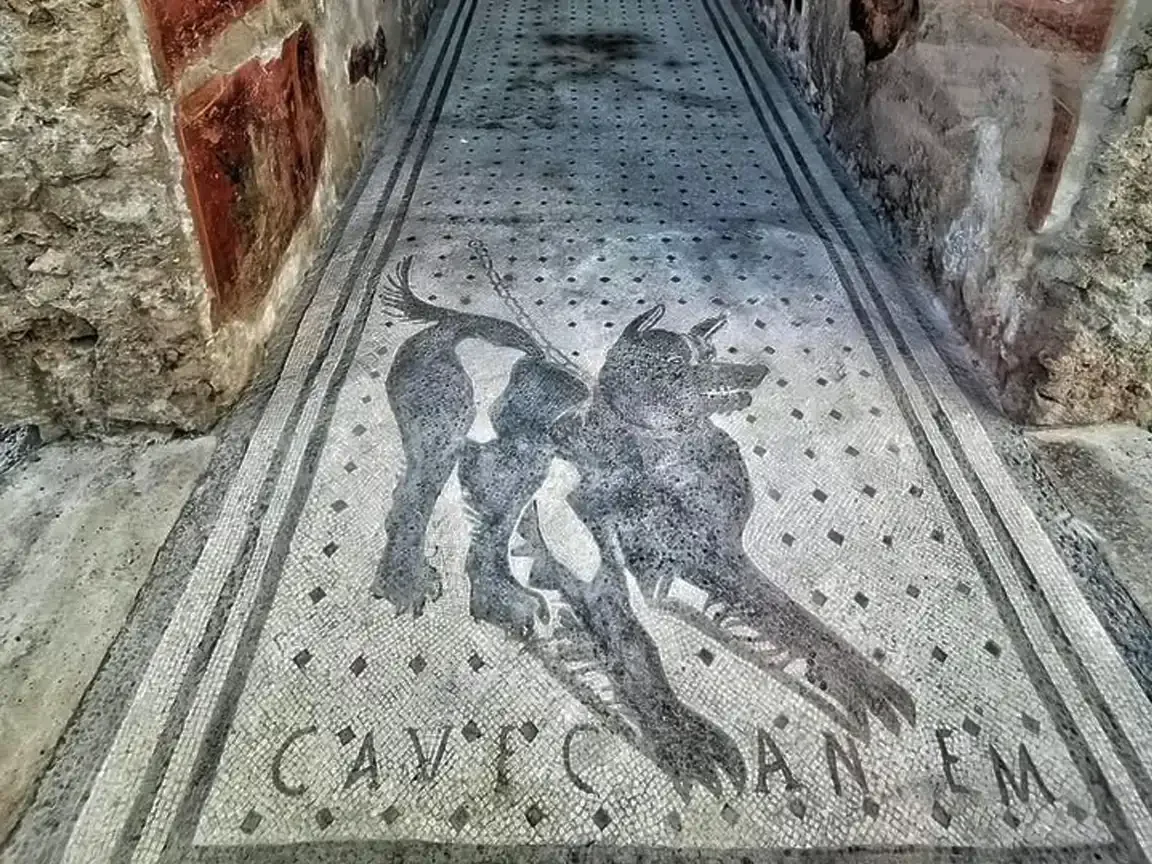 Ancient Roman mosaic of a black guard dog on a leash with the Latin warning “Cave Canem” (Beware of the Dog), from the House of the Tragic Poet in Pompeii.