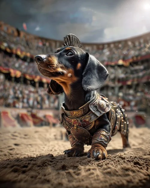 A dachshund dressed as a Roman gladiator stands alert on a sandy arena floor, wearing ornate leather armor, with a packed colosseum and dramatic sky in the background. AI image.