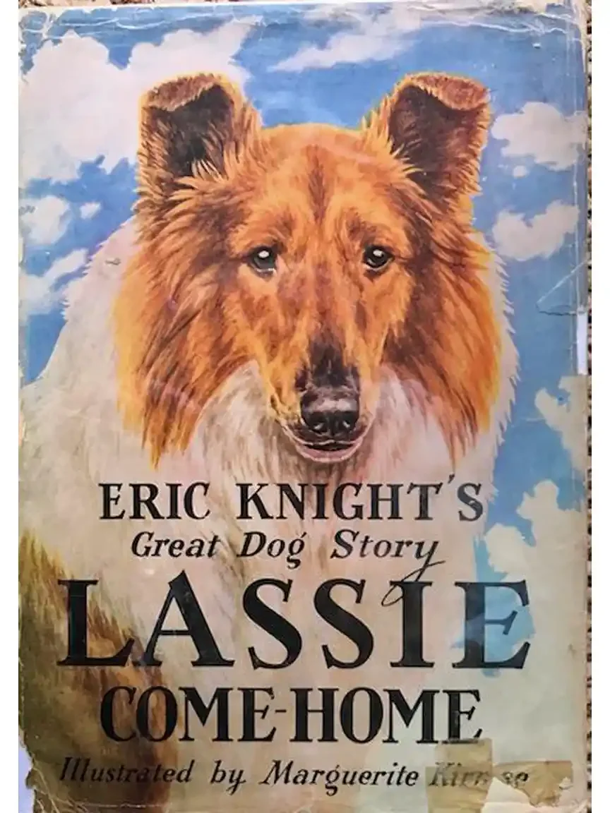 A painted collie's head fills a worn book jacket against blue sky and clouds. Sable coat, dark eyes, solid forehead. Title: Eric Knight's Great Dog Story, Lassie Come-Home.