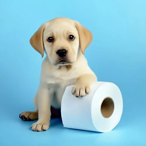 Labrador puppy with a roll of toilet paper