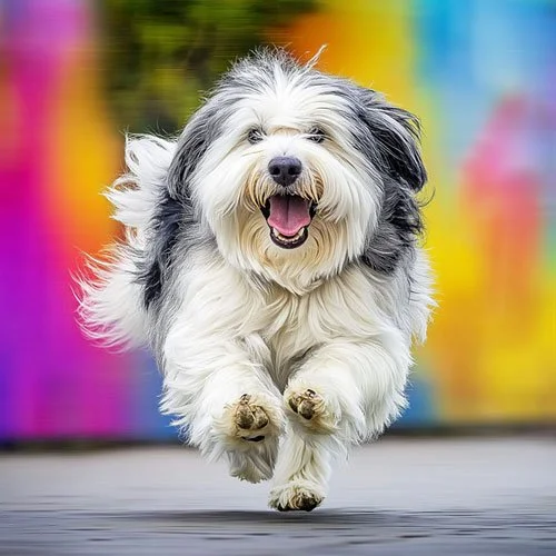 A joyful Old English Sheepdog runs toward the camera 