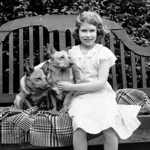 Young Queen Elizabeth II with two corgis