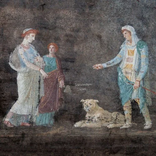  An ancient Pompeii fresco showing Helen, Alexandros (Paris), Cassandra and a large Molossian dog lying on the ground, painted in classical Roman style with soft colors and faded details. 