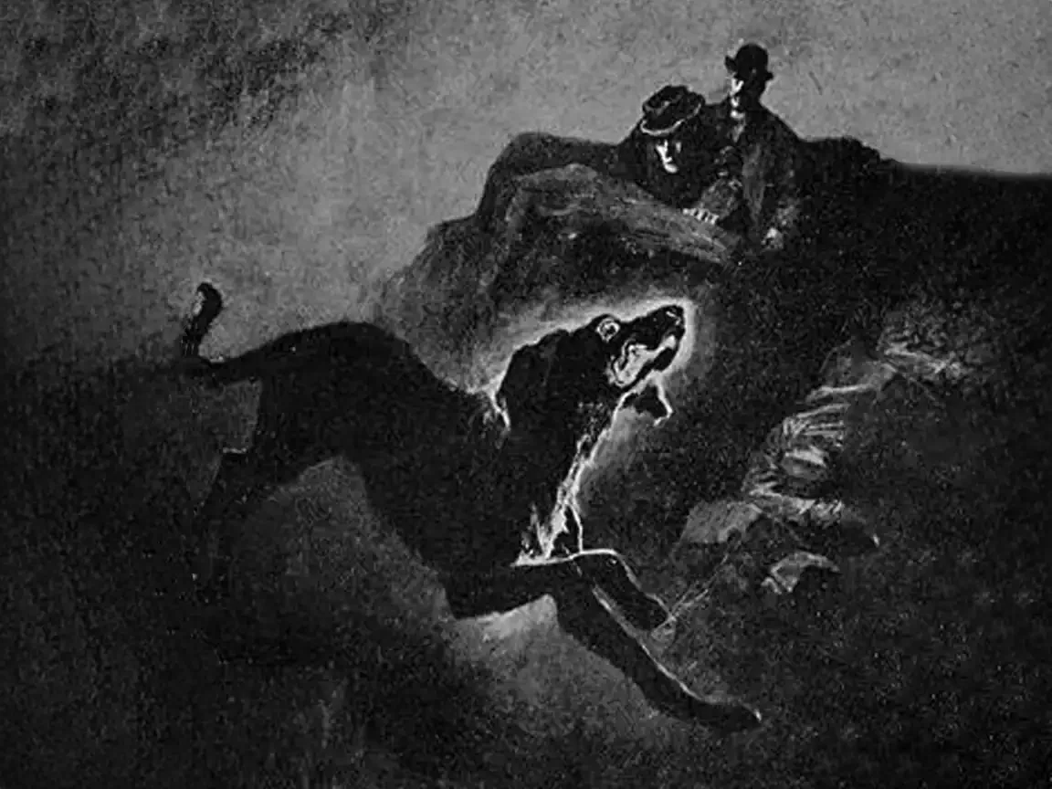 A glowing black hound lunges open-mouthed across rocky moorland, a lone figure in a bowler hat visible above in the darkness.