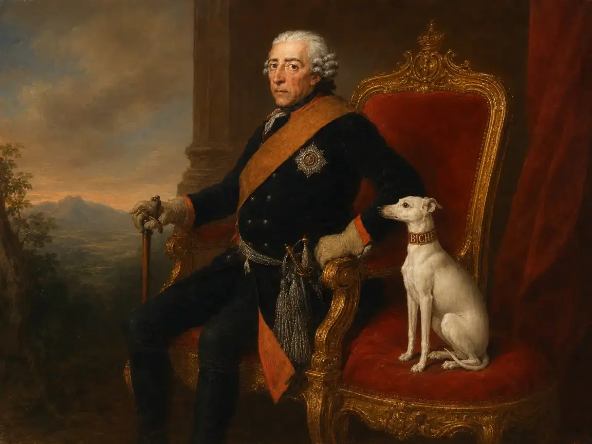 A king in dark uniform sits in a gilded red armchair. A white greyhound sits upright on the same chair beside him, wearing a collar lettered BICHE, looking up at his face.