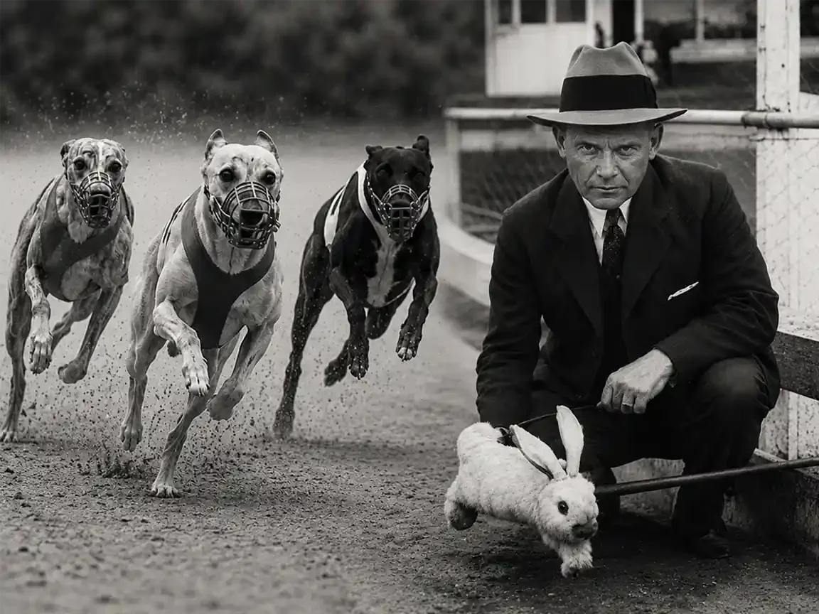 Three muzzled greyhounds in numbered racing jackets run at full stretch on a dirt track while a man in a 1920s suit and hat crouches at the rail holding a white artificial hare on a rail arm.