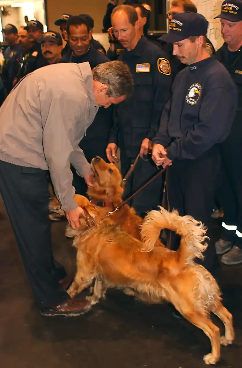  FEMA 5319 - President Bush takes time to meet the Urban Search and Rescue teams who are working at the site of the World Trade Center. Photo by Andrea Booher/ FEMA News Photo. 