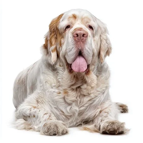 A Clumber Spaniel with long ears and droopy eyes lies down on a white background, looking upward with a calm and gentle expression.