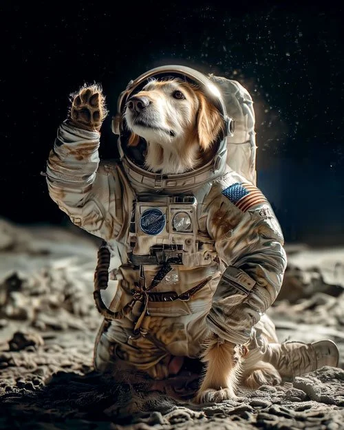 Golden retriever dog dressed in a realistic NASA-style astronaut spacesuit, kneeling on the moon’s dusty surface, raising one paw as if waving, wearing a life-support pack, dramatic low-angle lighting with a deep space background. AI image.