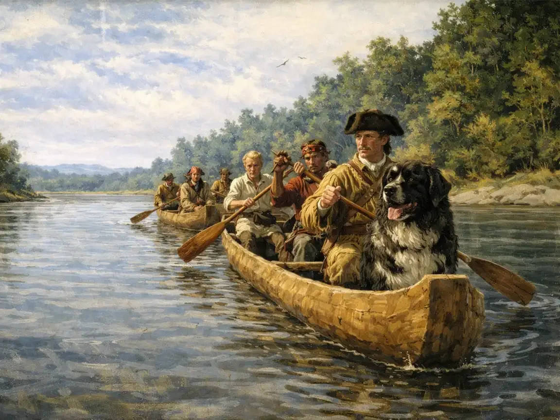 Lewis and Clark expedition members paddle dugout canoes along a calm river, with a large Newfoundland dog sitting alert at the front.