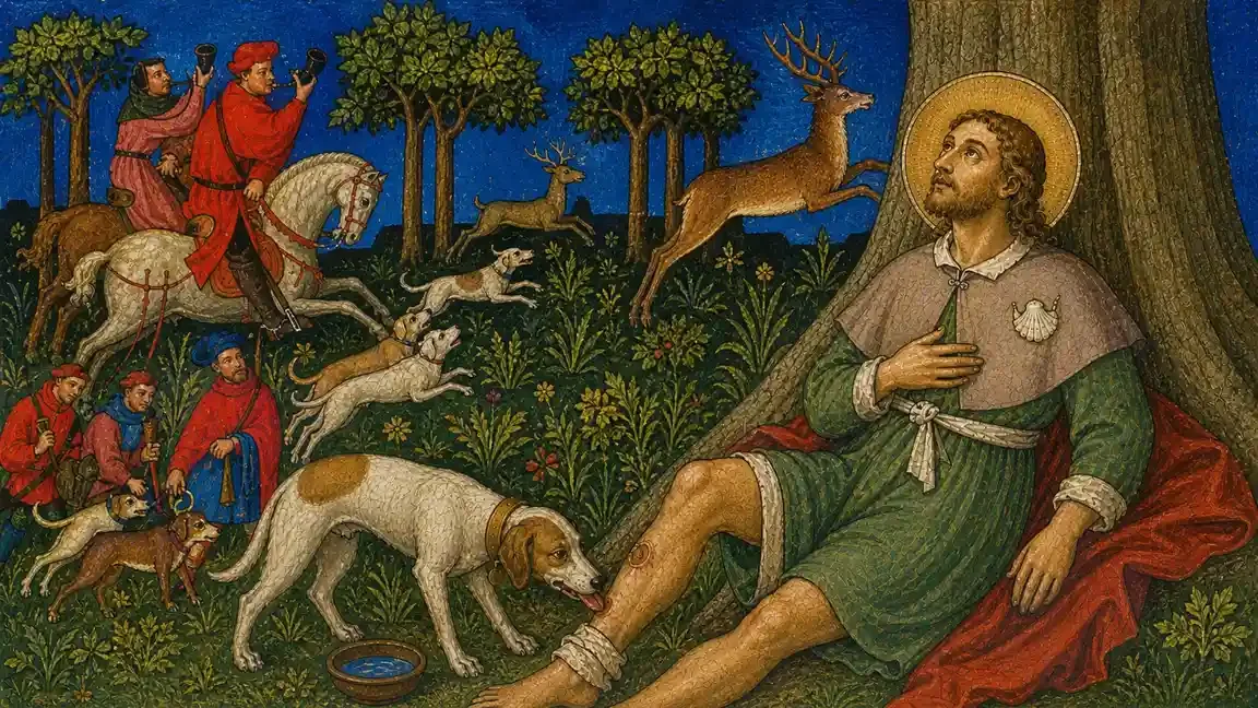 A haloed St. Roch reclines against a tree as a hound licks his plague wound; mounted hunters in red approach through the forest behind him.