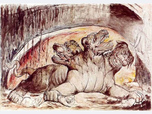 Illustration of Cerberus by William Blake, showing a three-headed dog with fierce expressions, guarding the entrance to the underworld in a dark, fiery, and surreal cave-like setting.