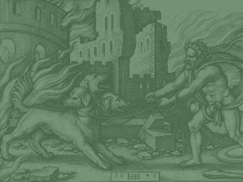 Mythological scene of Hercules dragging Cerberus, the three-headed dog, from the underworld, with ruins and flames with a green filter