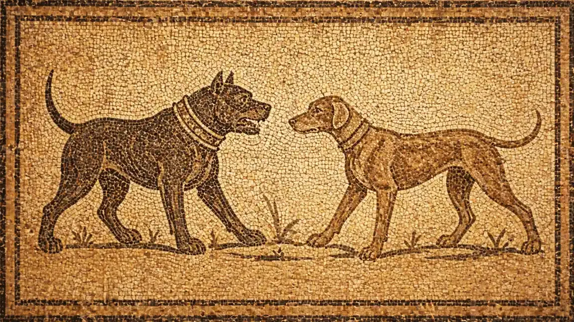 Roman mosaic-style illustration showing a heavy dark Molossian mastiff facing a leaner, lighter Laconian hound.