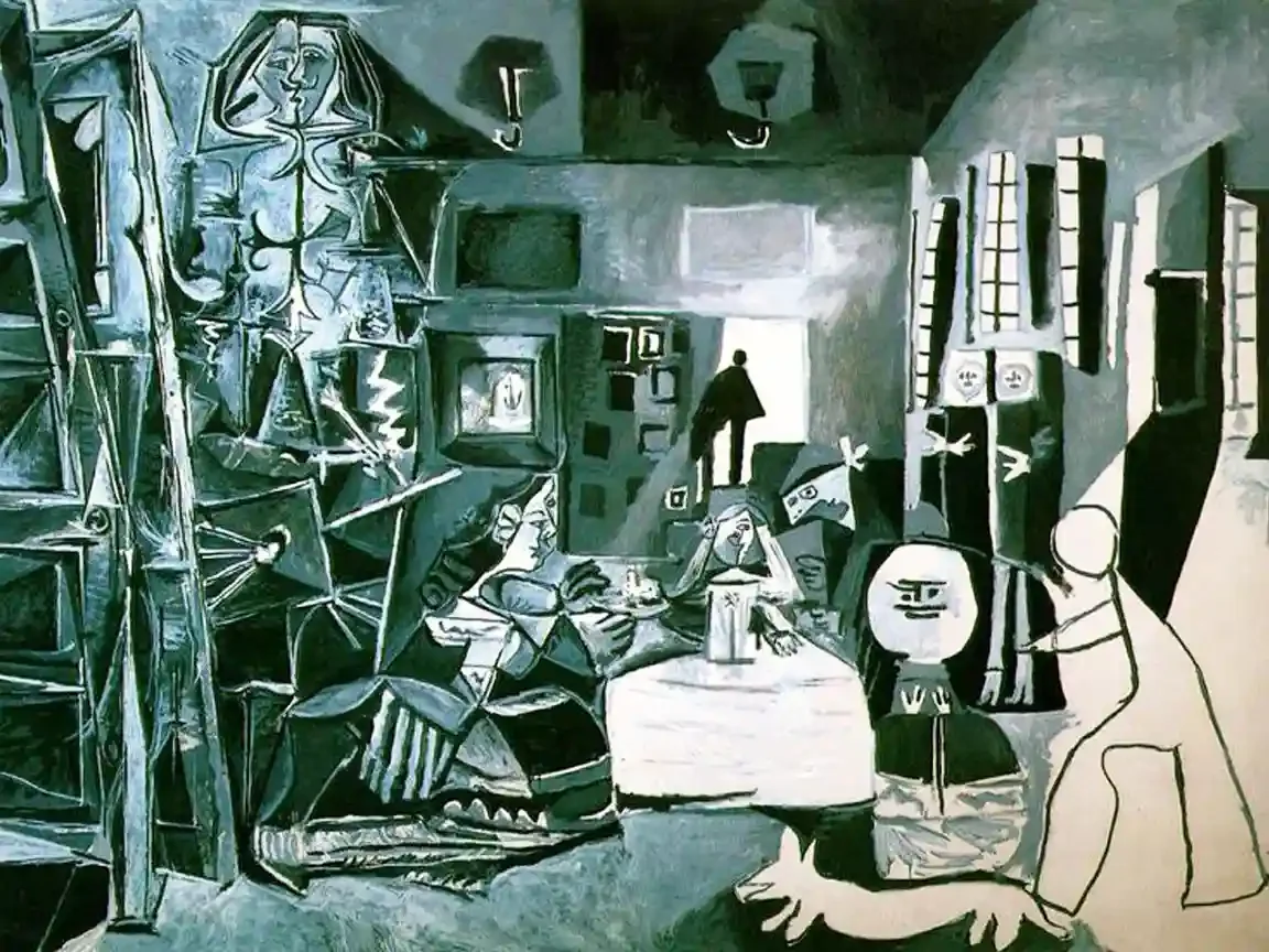 Cubist painting in blue-grey tones reinterpreting Las Meninas; a small white dog — Lump — appears in the lower foreground where Velázquez's mastiff once stood.