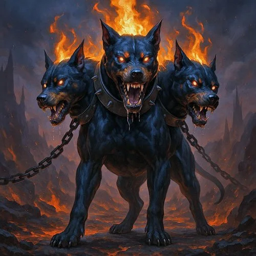 Three-headed black hellhound with glowing fiery eyes and flames erupting from each head, snarling with dripping fangs, standing chained in a lava-filled, infernal fantasy landscape.
