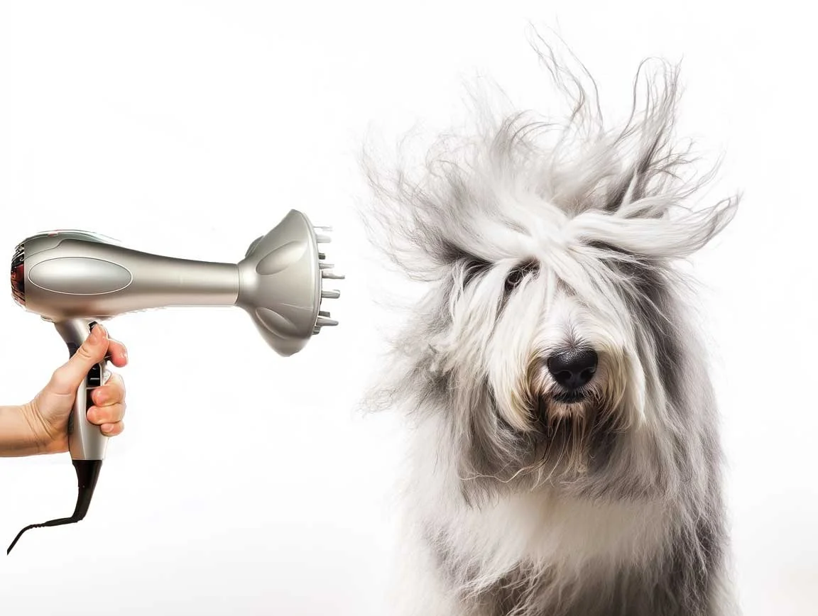 Old English Sheepdog with fur blown wildly by a hairdryer, long coat flying upward, humorous grooming scene against a plain white background.