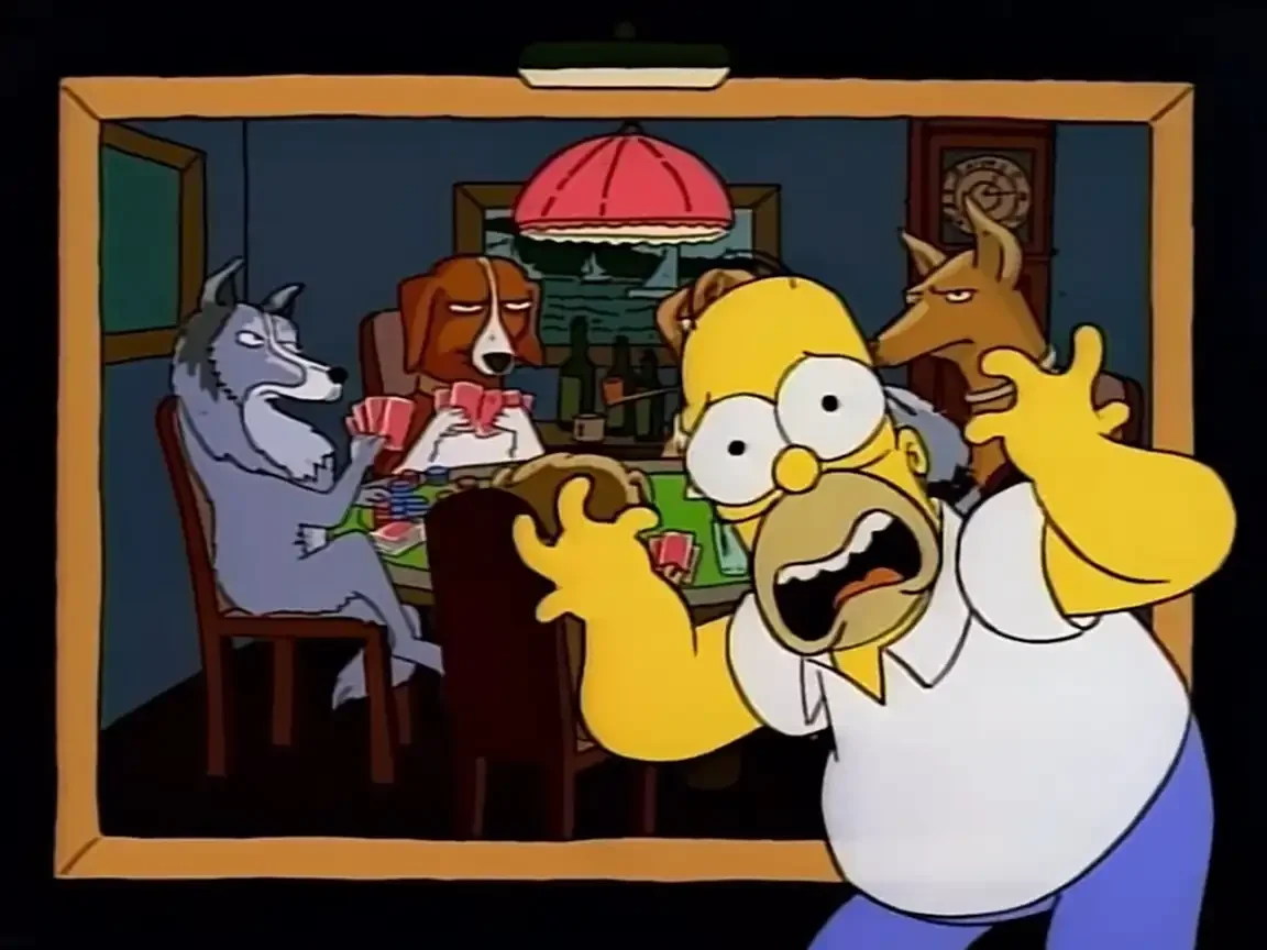 Homer Simpson recoils in front of a parody painting of dogs playing poker, referencing the famous kitsch artwork.