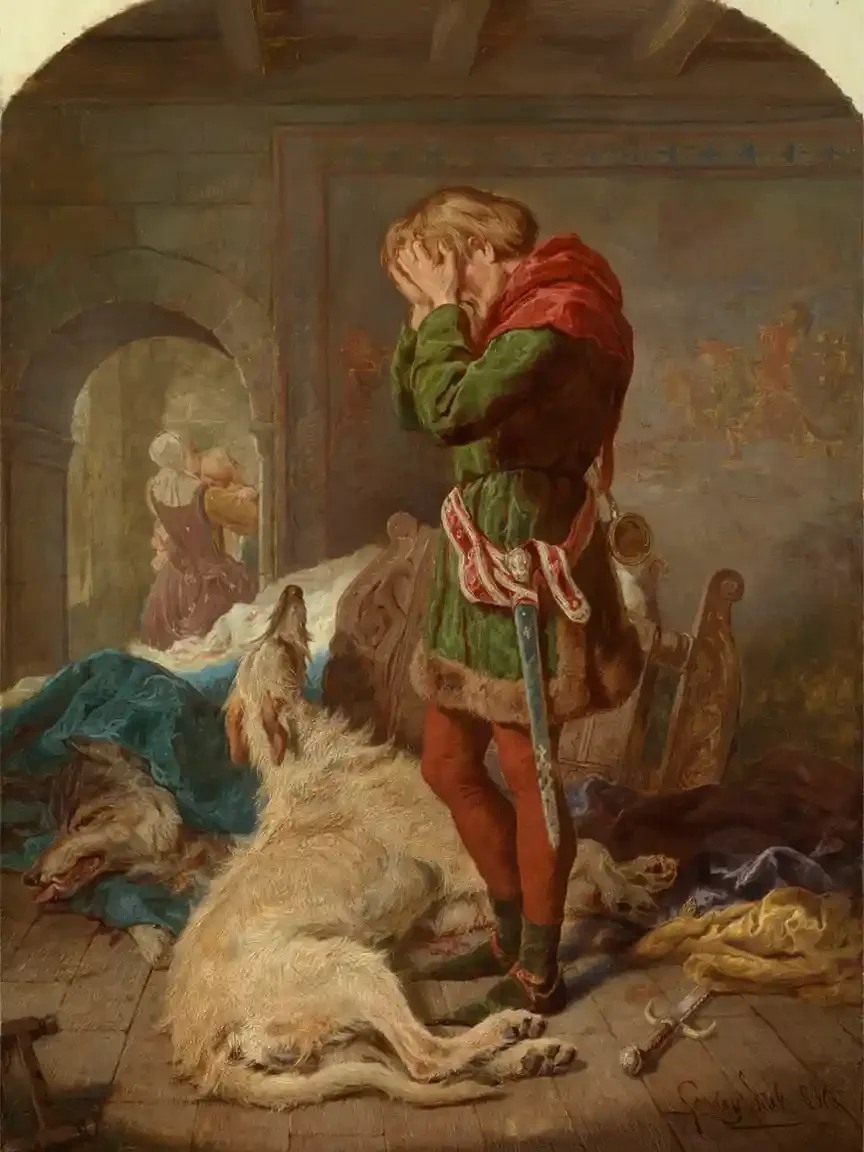 A man in medieval dress hides his face in his hands. A dead white wolfhound lies at his feet, a dead wolf beyond it, a sword dropped on the floor. Behind him a woman carries a baby away.