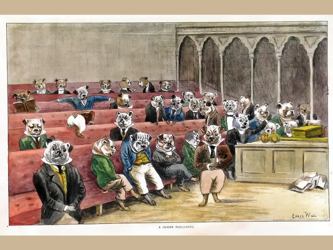 Illustration of a Victorian-style “canine parliament,” showing dogs with human faces seated on red benches, dressed as lawmakers in a formal chamber.
