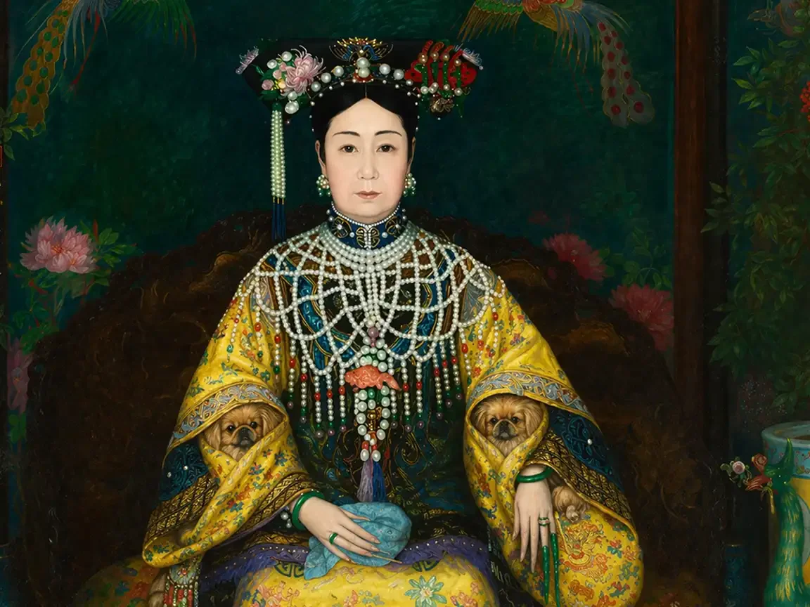 AI-generated painting of a woman in elaborate yellow imperial robes with two fawn Pekingese dogs resting in the sleeves, one on each side.