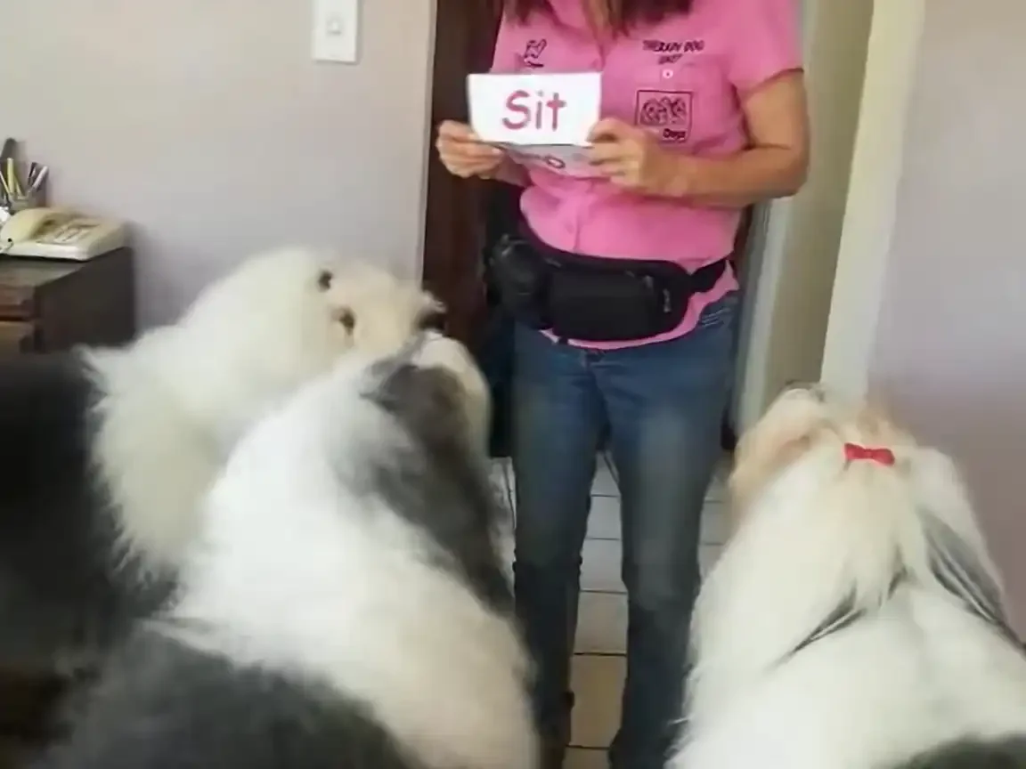 Woman holds a “Sit” sign while three Old English Sheepdogs focus on her during an indoor training session.