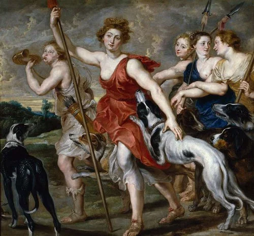 Baroque painting of Diana the Huntress leading hounds and maidens, with one figure blowing a horn and others holding spears, set against a dramatic sky and lush landscape.