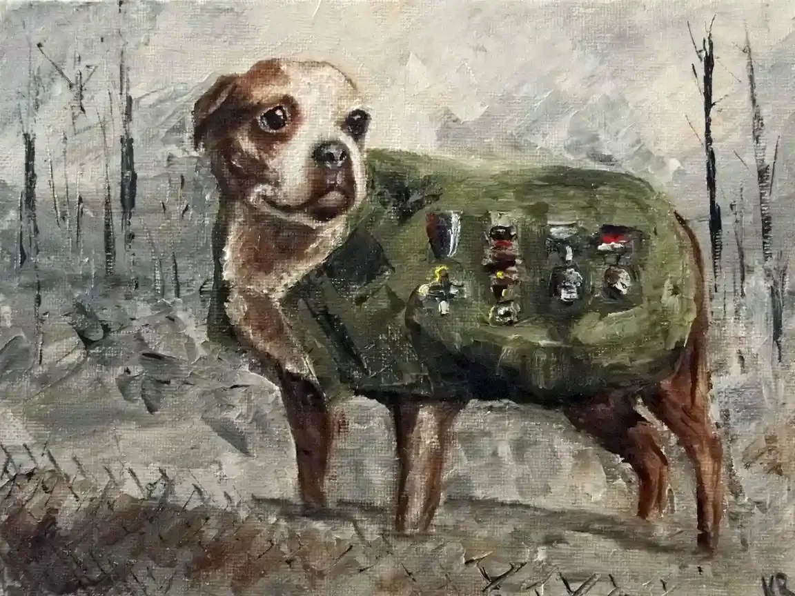 Painted portrait of Sergeant Stubby wearing a military coat with medals, standing in a war-scarred landscape honoring his service.