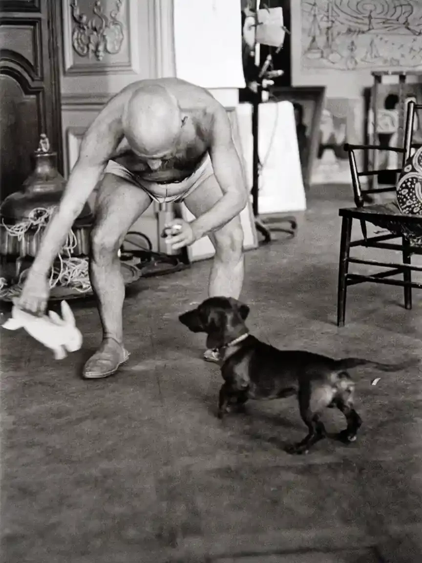 A shirtless elderly man bends sharply at the waist, dangling a white cardboard rabbit toward a small black dachshund on a studio floor, both in motion.
