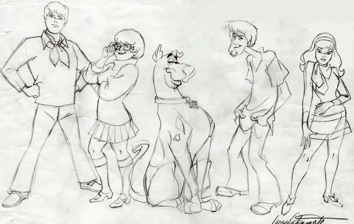 Concept sketch of the Scooby-Doo gang—Fred, Velma, Scooby-Doo, Shaggy, and Daphne—drawn in early character design style.