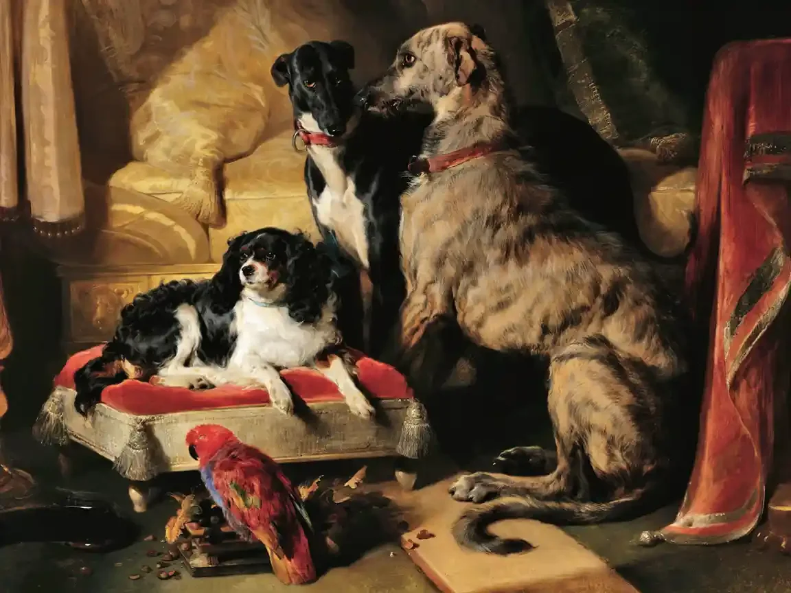 A small spaniel lies on an upholstered stool. Beside him stand a tall grey deerhound and a black greyhound, and in front a parrot cracks nuts on a pen-tray.