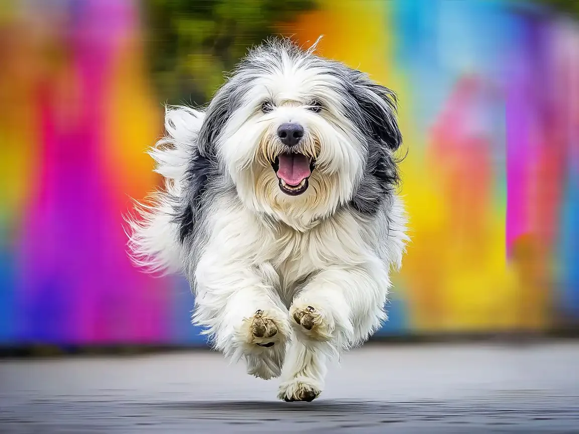Playful Old English Sheepdog running happily with tongue out against a colorful blurred background.