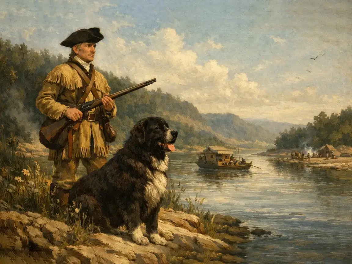 Frontiersman with rifle stands beside a large Newfoundland dog on a riverbank, watching boats on a wide river in a painting inspired by the Lewis and Clark expedition.