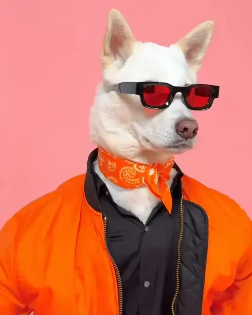 White dog wearing black sunglasses, an orange bomber jacket, and an orange bandana against a pink studio background.