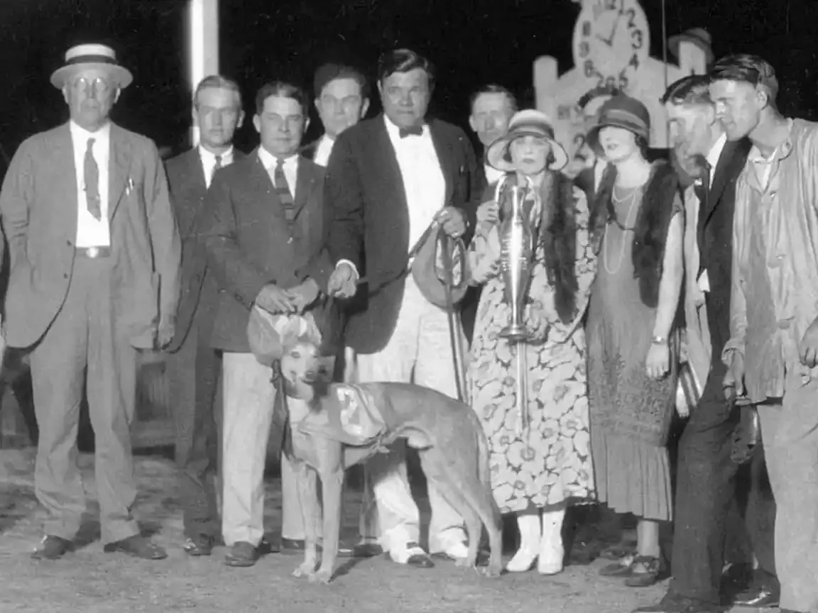 A night-time group at a racetrack. Babe Ruth stands at the center in a light suit; a greyhound in a numbered blanket stands in front, and a woman beside him holds a tall silver trophy.
