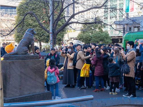 Crowd of visitors gathered around the Hachikō statue at Shibuya Station taking photos.