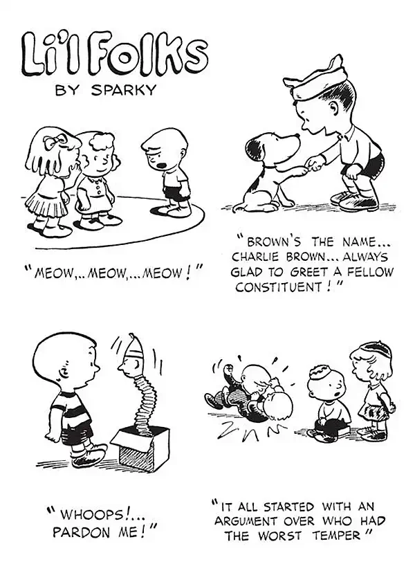 Black-and-white cartoon page headed "Li'l Folks by Sparky," with four gag panels showing small round-headed children and a beagle, each panel captioned with a short line of dialogue below it.