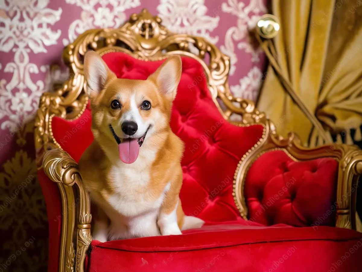 A happy Pembroke Welsh Corgi sits on an ornate red and gold throne-like chair in a lavish, royal-style room with damask wallpaper and golden drapes.