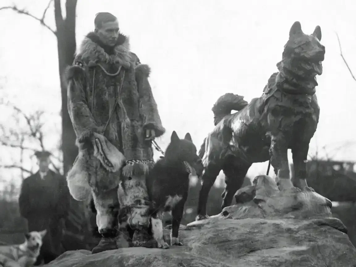 A black-and-white photo of a man in a fur parka standing on rocks beside a bronze statue of a musher and two sled dogs, with bare winter trees behind him