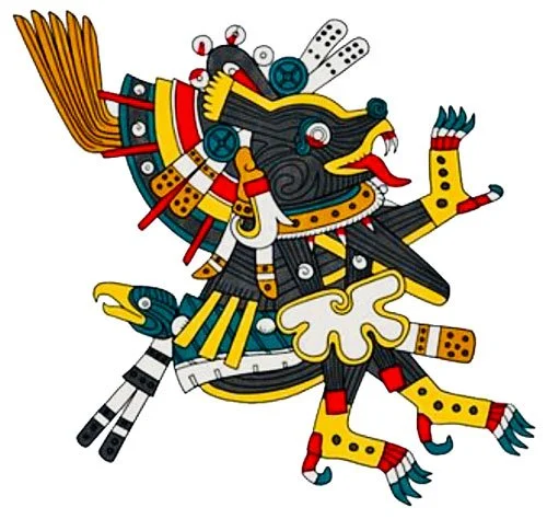 Colorful Aztec illustration of Xólotl, a dog-headed deity with clawed feet, feathered headdress, and elaborate ritual markings, from the Codex Borgia.