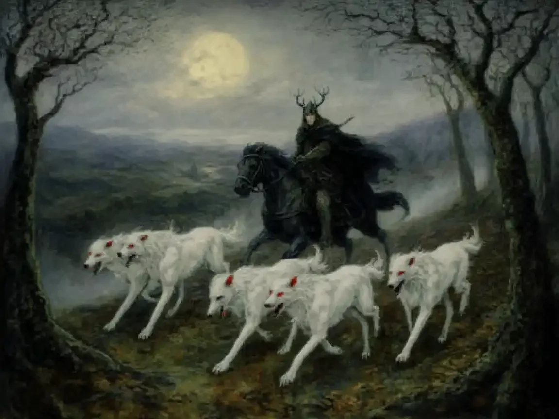 Painted illustration of a horned figure on a black horse leading four white hounds with red ears through a moonlit forest above a misty Welsh valley.